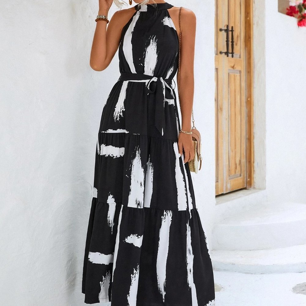 Black Preppy Womens Brush Print Ruffle Hem Belted Halter maxi Dress - Picture 6 of 6